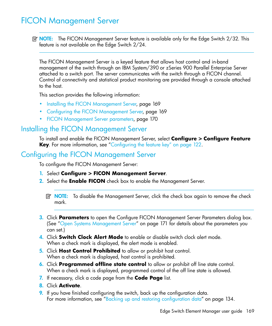 Ficon management server, Installing the ficon management server, Configuring the ficon management server | HP StorageWorks 2.32 Edge Switch User Manual | Page 169 / 228