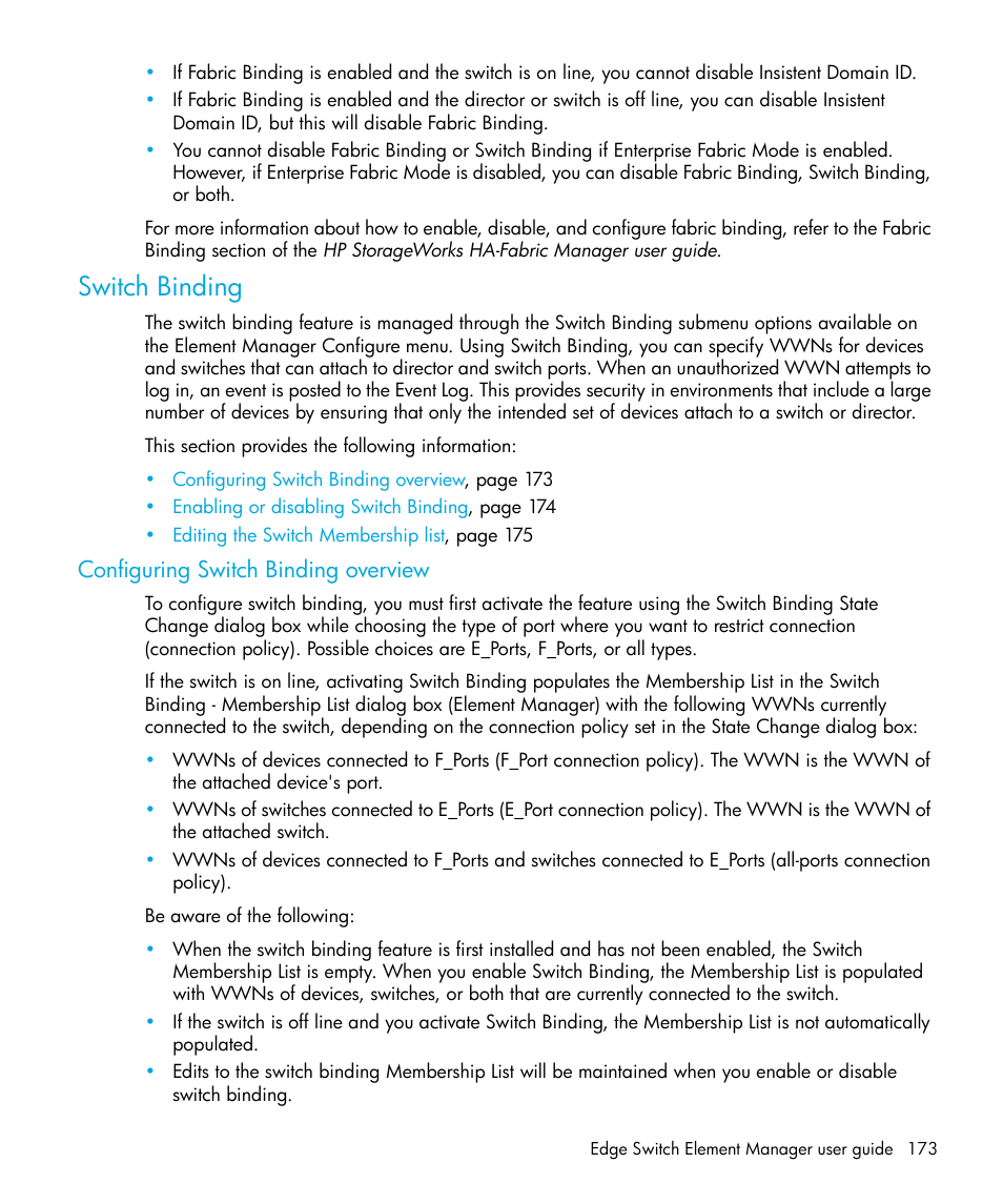 Switch binding, Configuring switch binding overview | HP StorageWorks 2.32 Edge Switch User Manual | Page 173 / 228