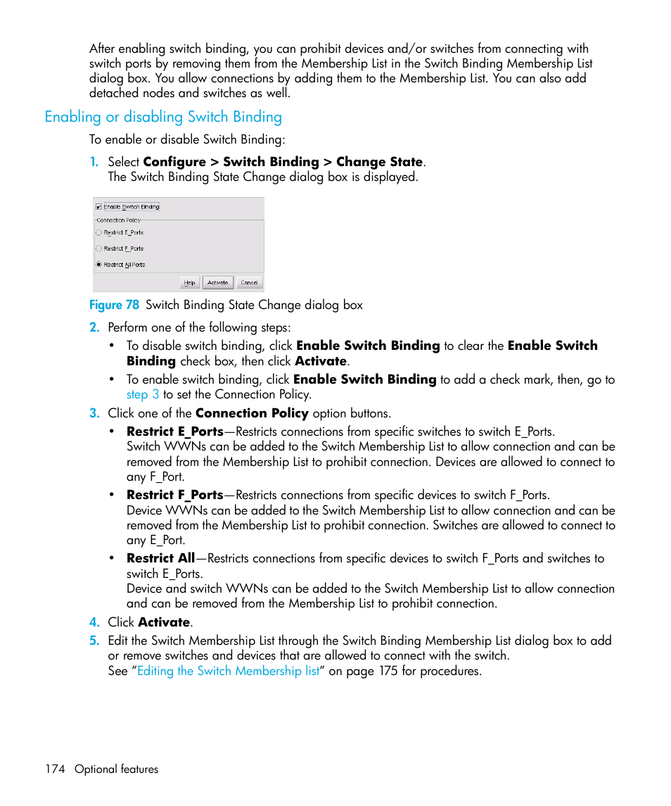 Enabling or disabling switch binding, Figure 78 switch binding state change dialog box, 78 switch binding state change dialog box | Figure 78 | HP StorageWorks 2.32 Edge Switch User Manual | Page 174 / 228