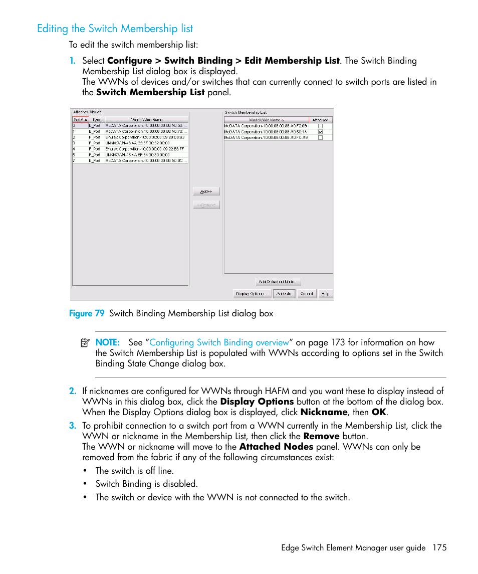 Editing the switch membership list, 79 switch binding membership list dialog box | HP StorageWorks 2.32 Edge Switch User Manual | Page 175 / 228