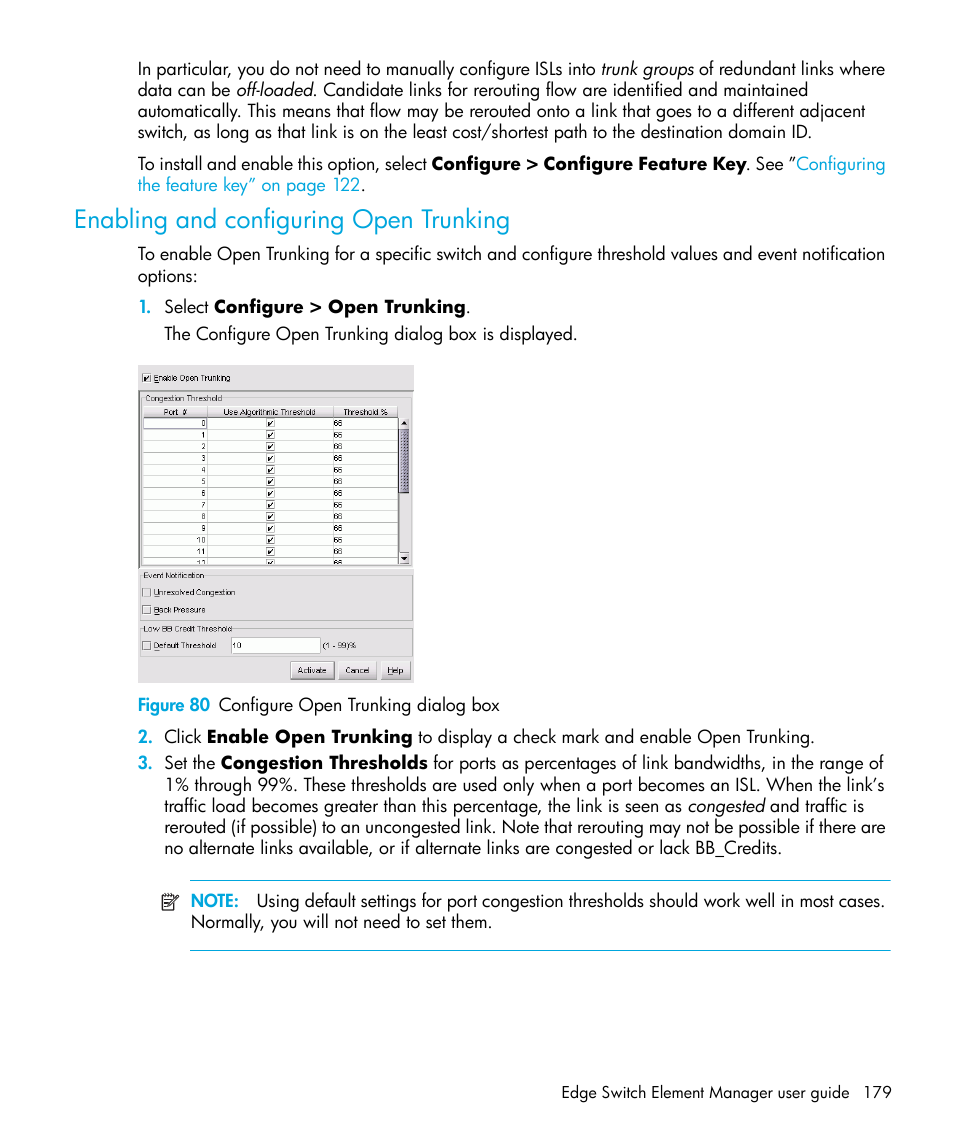 Enabling and configuring open trunking, Figure 80 configure open trunking dialog box, 80 configure open trunking dialog box | HP StorageWorks 2.32 Edge Switch User Manual | Page 179 / 228