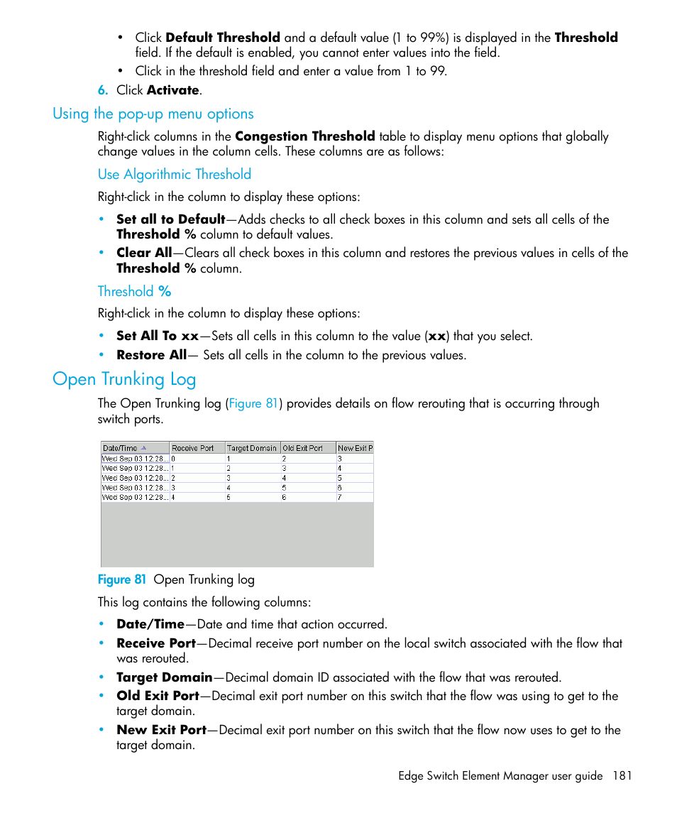 Using the pop-up menu options, Use algorithmic threshold, Threshold | Open trunking log, Figure 81 open trunking log, 81 open trunking log | HP StorageWorks 2.32 Edge Switch User Manual | Page 181 / 228