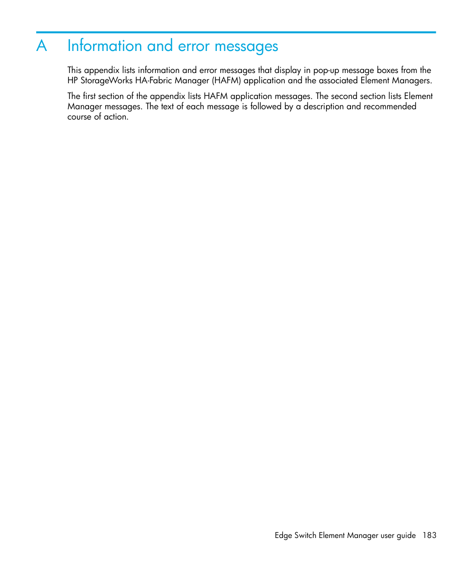 Information and error messages, A information and error messages | HP StorageWorks 2.32 Edge Switch User Manual | Page 183 / 228