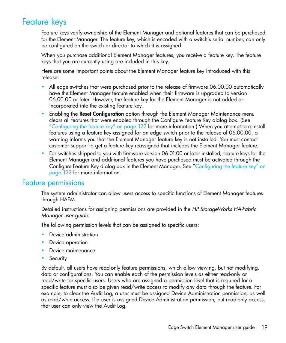 Feature keys, Feature permissions | HP StorageWorks 2.32 Edge Switch User Manual | Page 19 / 228