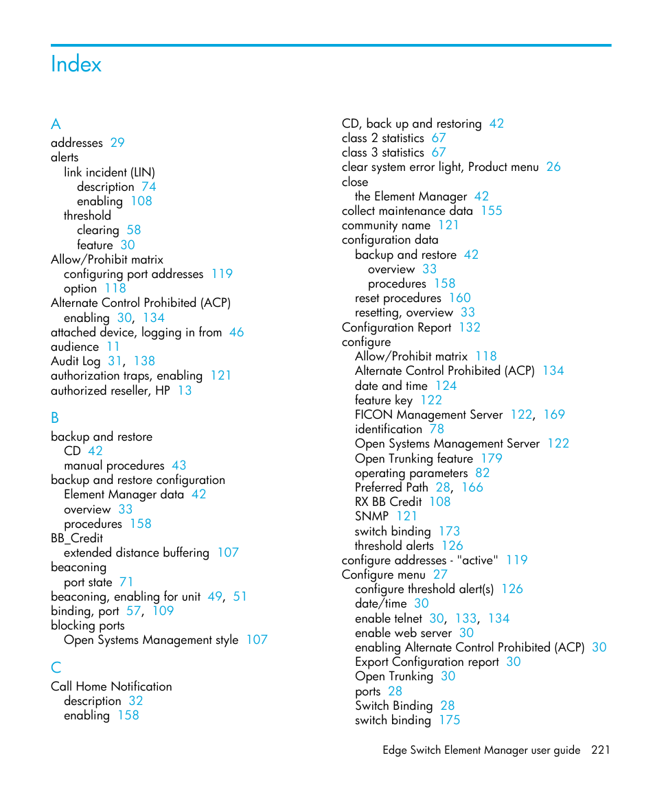 Index | HP StorageWorks 2.32 Edge Switch User Manual | Page 221 / 228