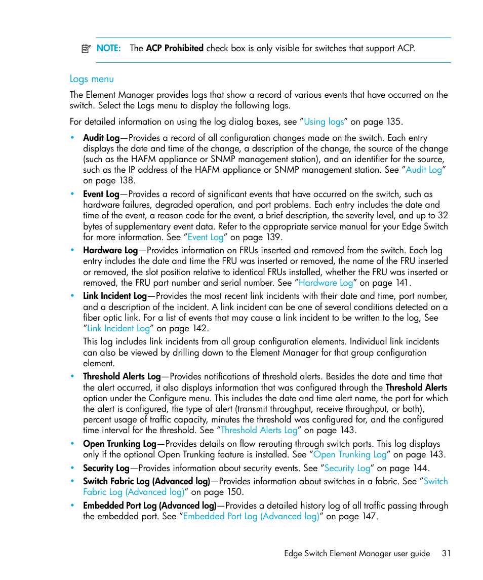 Logs menu | HP StorageWorks 2.32 Edge Switch User Manual | Page 31 / 228