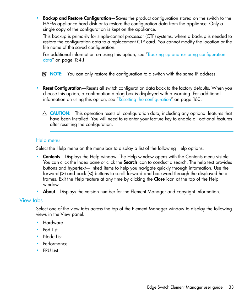 Help menu, View tabs | HP StorageWorks 2.32 Edge Switch User Manual | Page 33 / 228