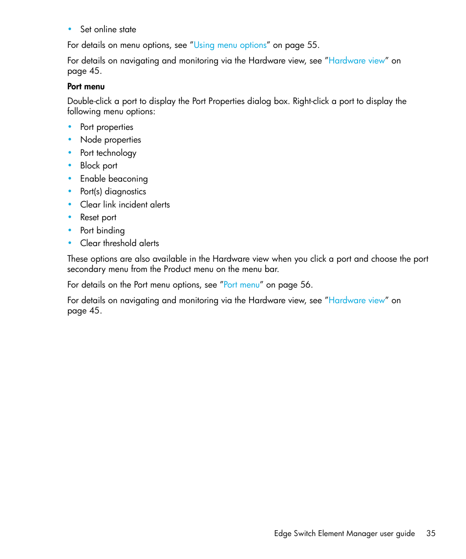 Port menu | HP StorageWorks 2.32 Edge Switch User Manual | Page 35 / 228