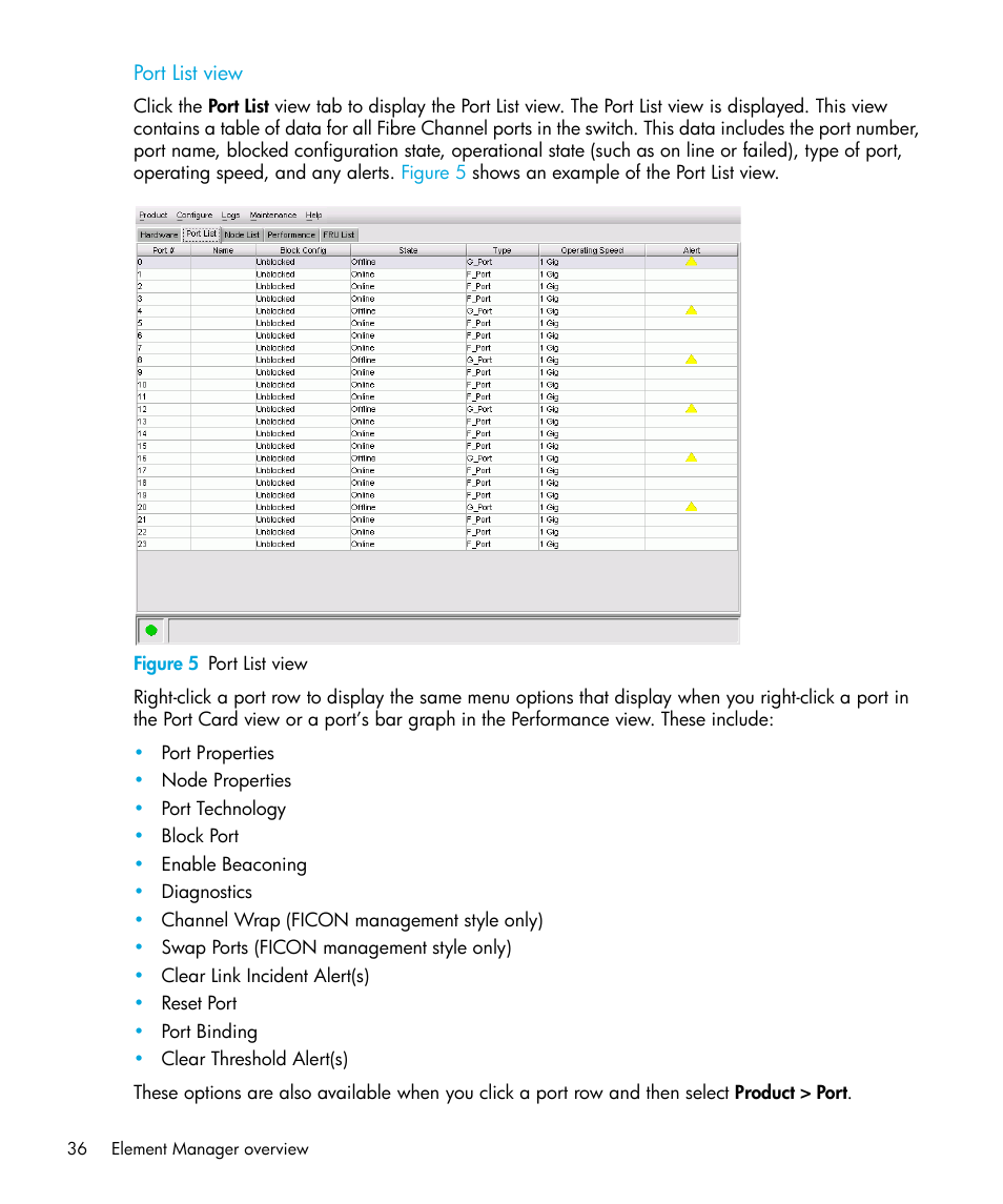 Port list view, Figure 5 port list view, 5 port list view | HP StorageWorks 2.32 Edge Switch User Manual | Page 36 / 228