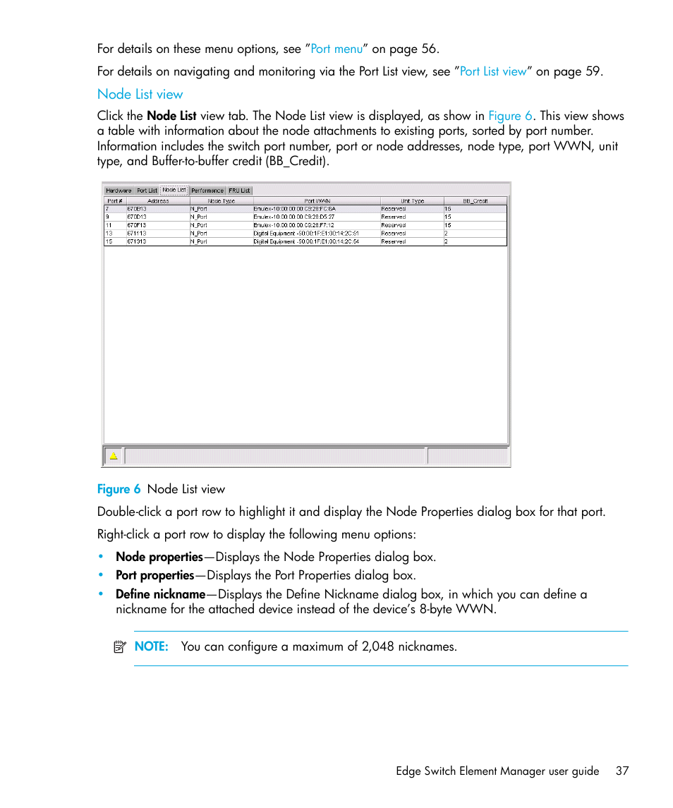 Node list view, Figure 6 node list view, 6 node list view | HP StorageWorks 2.32 Edge Switch User Manual | Page 37 / 228