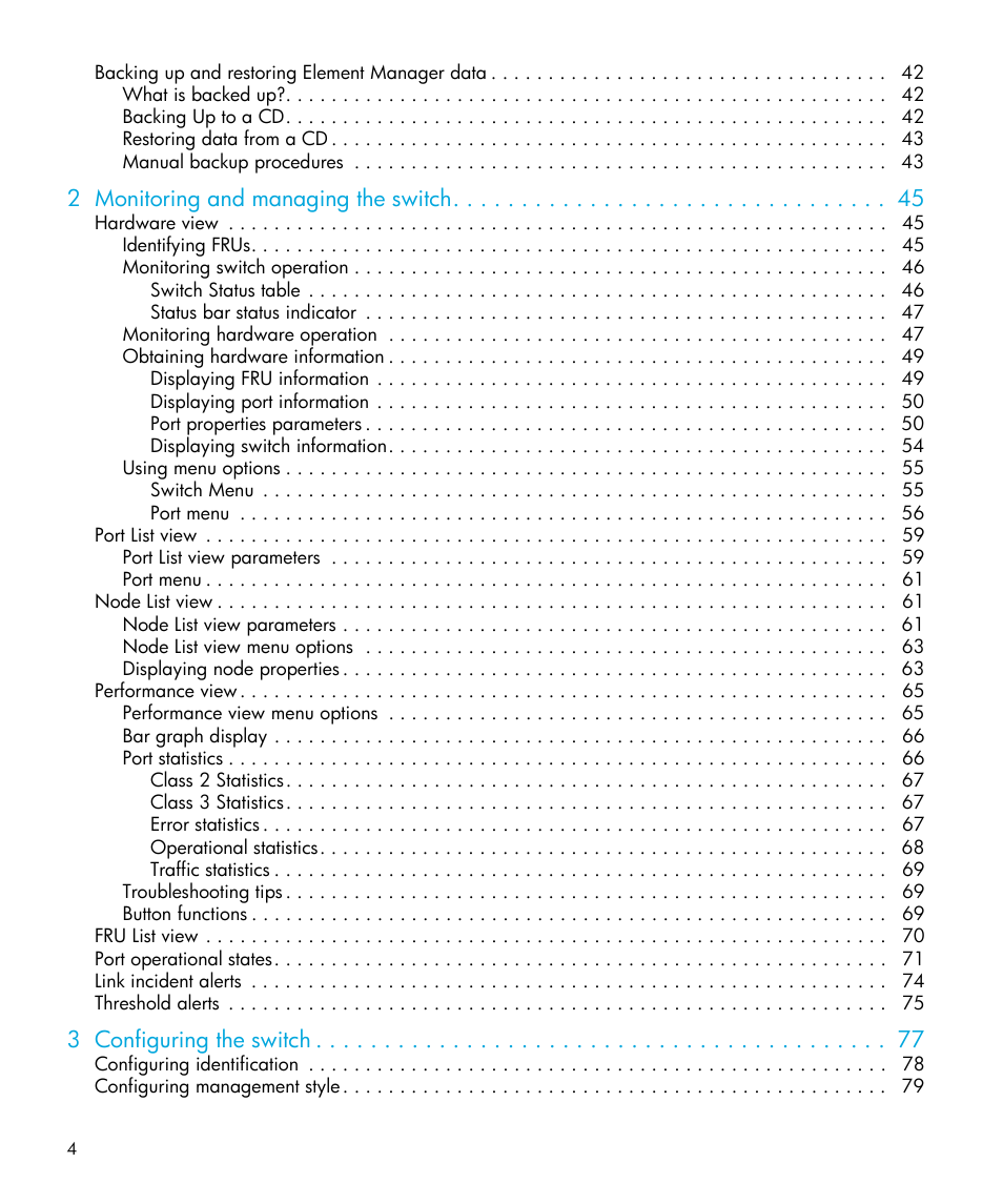 2 monitoring and managing the switch, 3 configuring the switch | HP StorageWorks 2.32 Edge Switch User Manual | Page 4 / 228