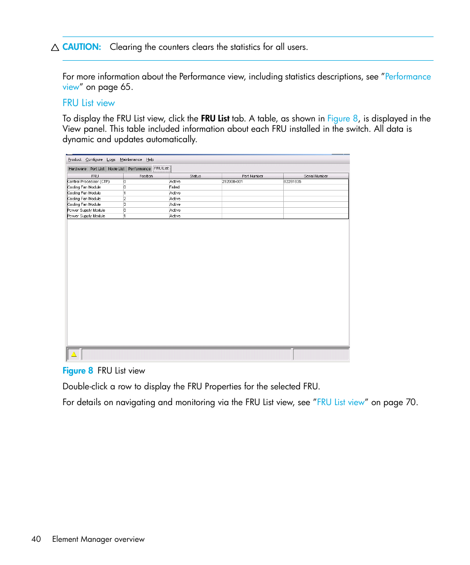 Fru list view, Figure 8 fru list view, 8 fru list view | HP StorageWorks 2.32 Edge Switch User Manual | Page 40 / 228