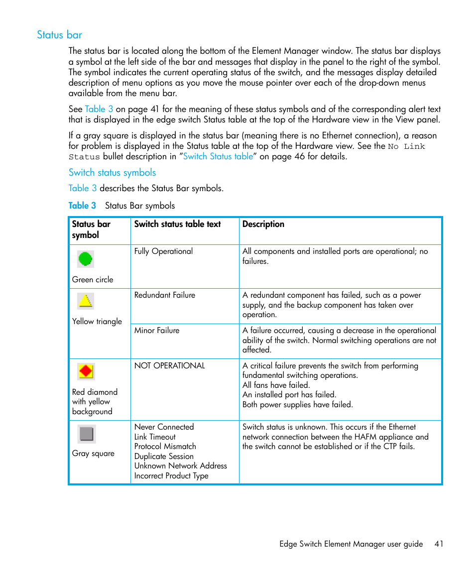 Status bar, Switch status symbols, Table 3 status bar symbols | 3 status bar symbols | HP StorageWorks 2.32 Edge Switch User Manual | Page 41 / 228