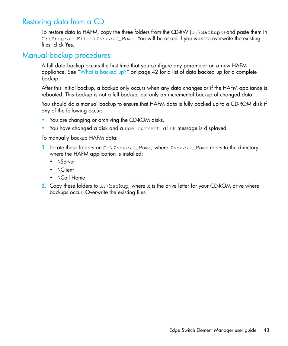 Restoring data from a cd, Manual backup procedures | HP StorageWorks 2.32 Edge Switch User Manual | Page 43 / 228