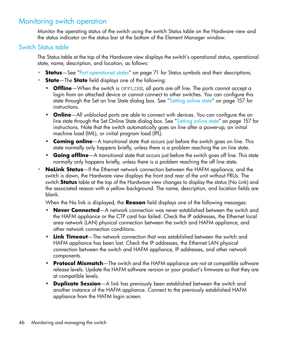 Monitoring switch operation, Switch status table, No link | Status | HP StorageWorks 2.32 Edge Switch User Manual | Page 46 / 228