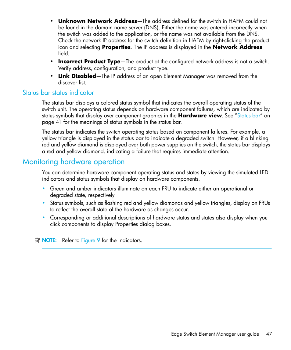 Status bar status indicator, Monitoring hardware operation | HP StorageWorks 2.32 Edge Switch User Manual | Page 47 / 228