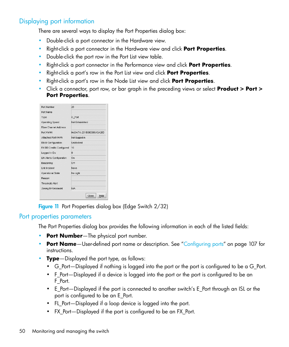 Displaying port information, Port properties parameters, 11 port properties dialog box (edge switch 2/32) | HP StorageWorks 2.32 Edge Switch User Manual | Page 50 / 228