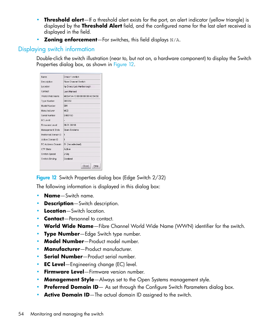 Displaying switch information, 12 switch properties dialog box (edge switch 2/32), Displaying | Switch information | HP StorageWorks 2.32 Edge Switch User Manual | Page 54 / 228