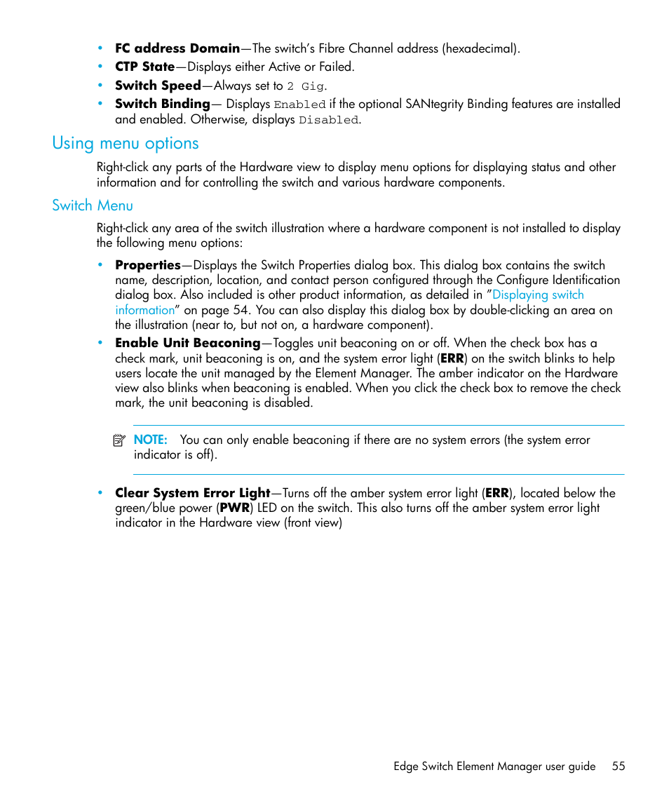 Using menu options, Switch menu | HP StorageWorks 2.32 Edge Switch User Manual | Page 55 / 228