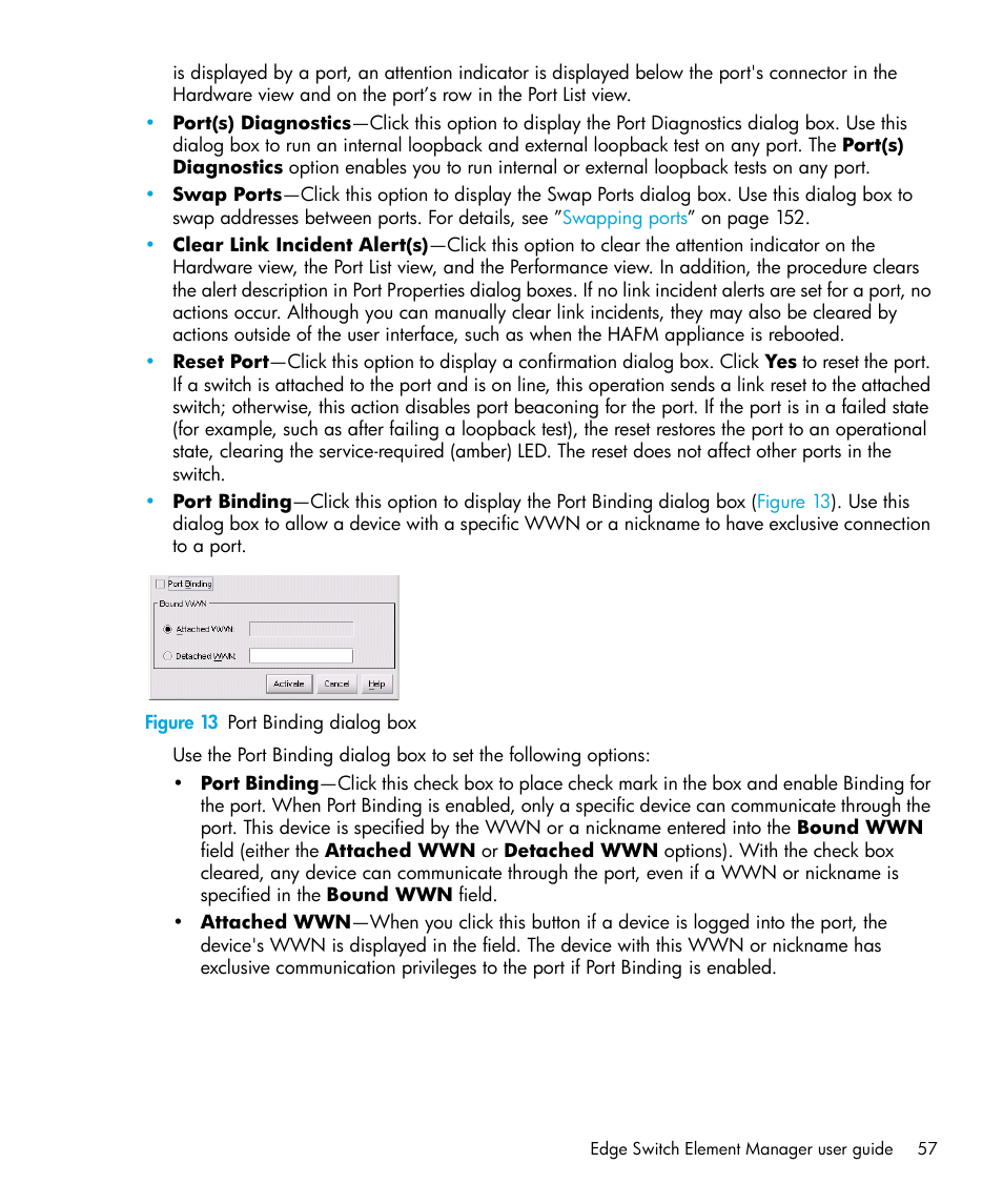 Figure 13 port binding dialog box, 13 port binding dialog box | HP StorageWorks 2.32 Edge Switch User Manual | Page 57 / 228