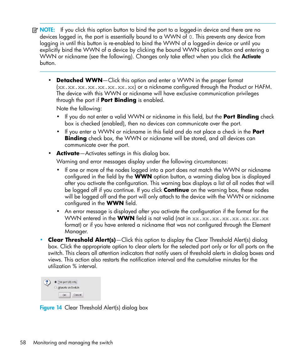 Figure 14 clear threshold alert(s) dialog box, 14 clear threshold alert(s) dialog box | HP StorageWorks 2.32 Edge Switch User Manual | Page 58 / 228