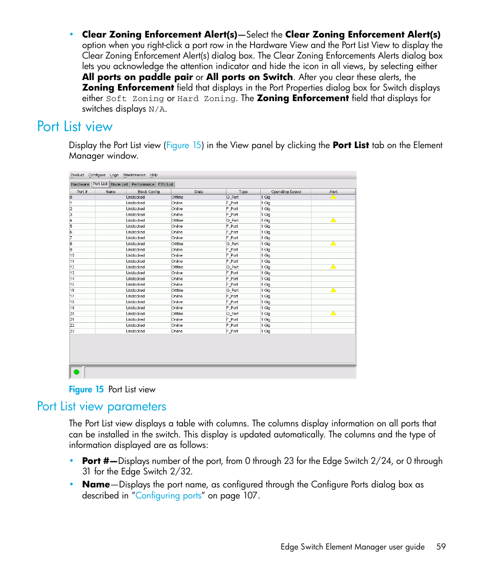 Port list view, Figure 15 port list view, Port list view parameters | 15 port list view | HP StorageWorks 2.32 Edge Switch User Manual | Page 59 / 228