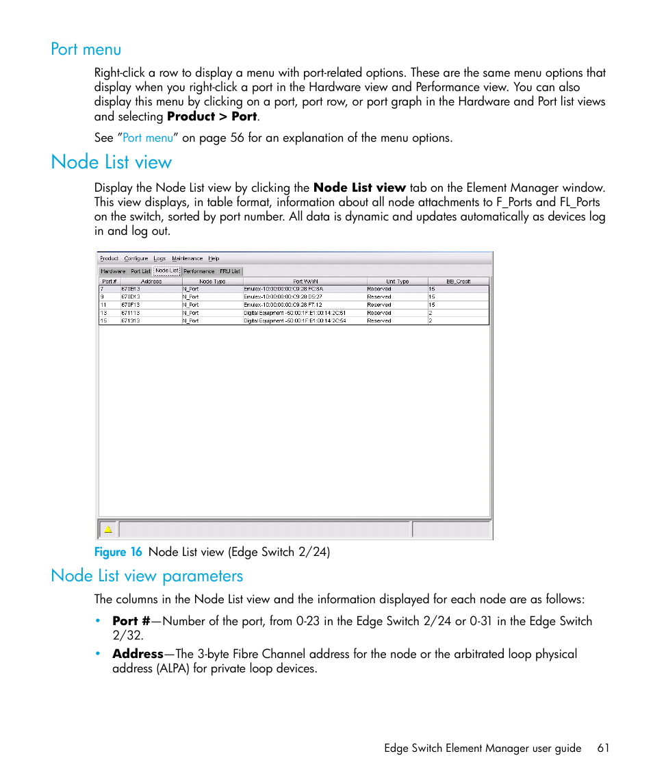 Port menu, Node list view, Figure 16 node list view (edge switch 2/24) | Node list view parameters, 16 node list view (edge switch 2/24) | HP StorageWorks 2.32 Edge Switch User Manual | Page 61 / 228