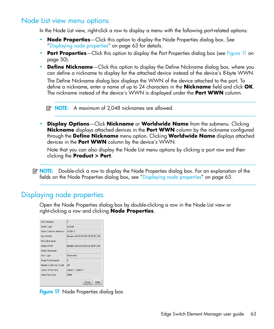 Node list view menu options, Displaying node properties, Figure 17 node properties dialog box | 17 node properties dialog box | HP StorageWorks 2.32 Edge Switch User Manual | Page 63 / 228
