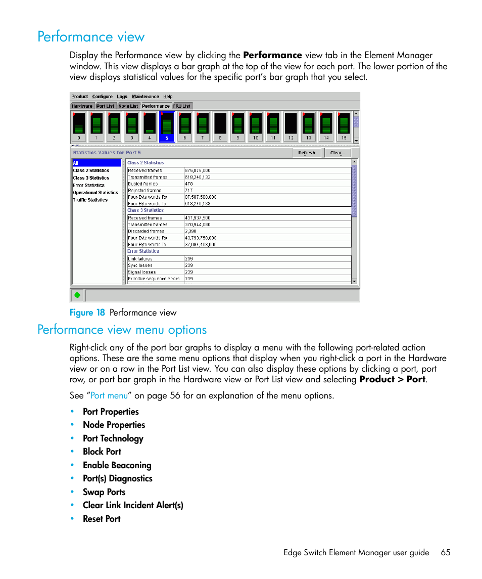 Performance view, Figure 18 performance view, Performance view menu options | 18 performance view, Performance, View | HP StorageWorks 2.32 Edge Switch User Manual | Page 65 / 228