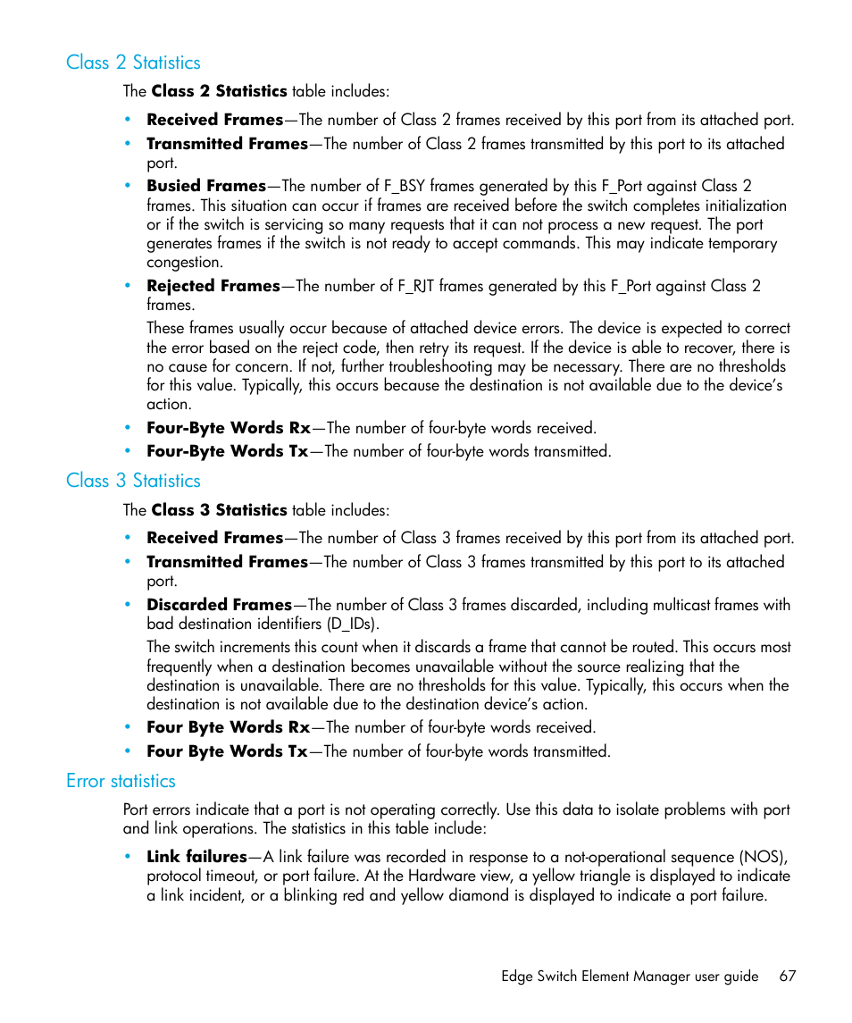 Class 2 statistics, Class 3 statistics, Error statistics | HP StorageWorks 2.32 Edge Switch User Manual | Page 67 / 228