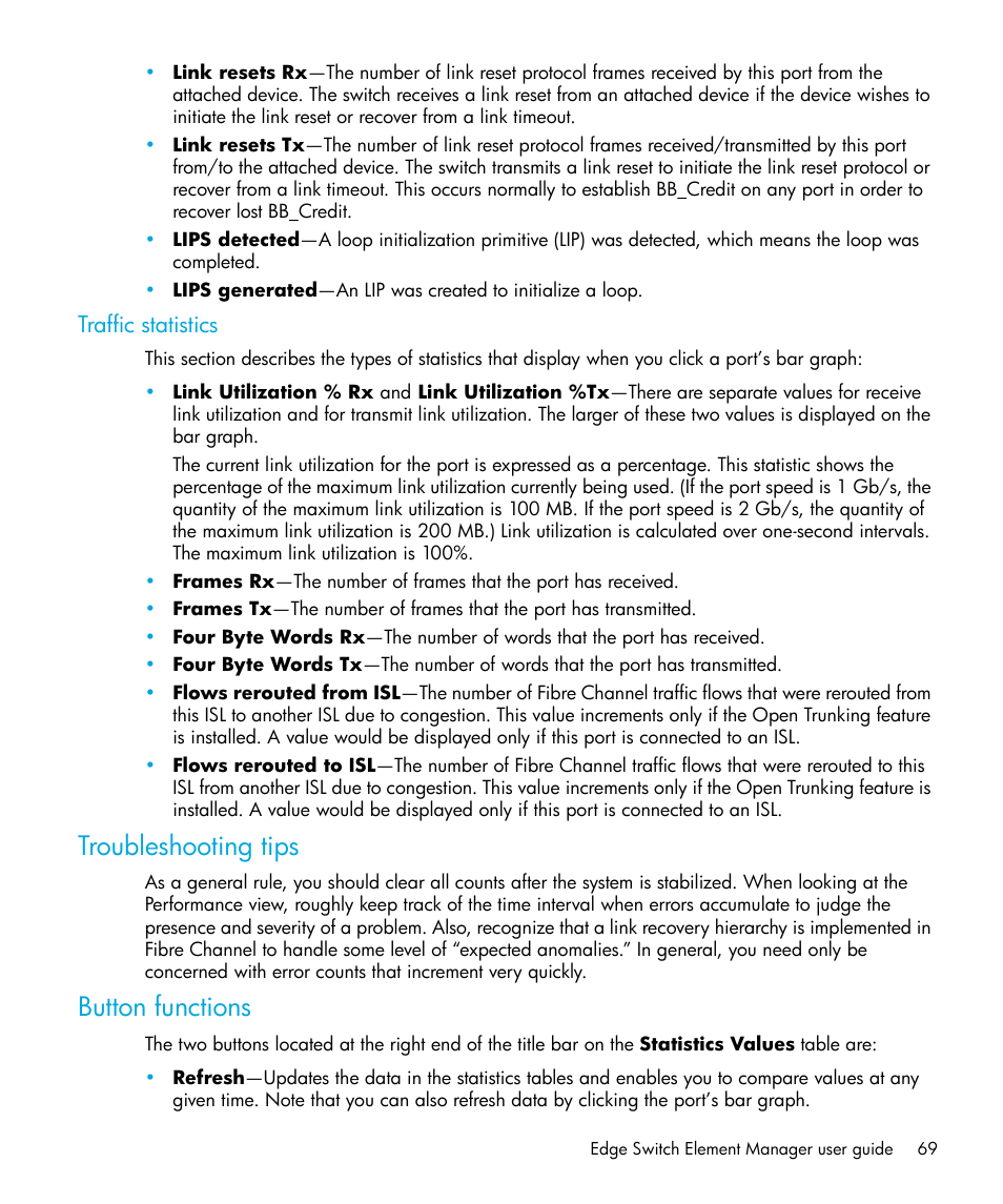 Traffic statistics, Troubleshooting tips, Button functions | HP StorageWorks 2.32 Edge Switch User Manual | Page 69 / 228