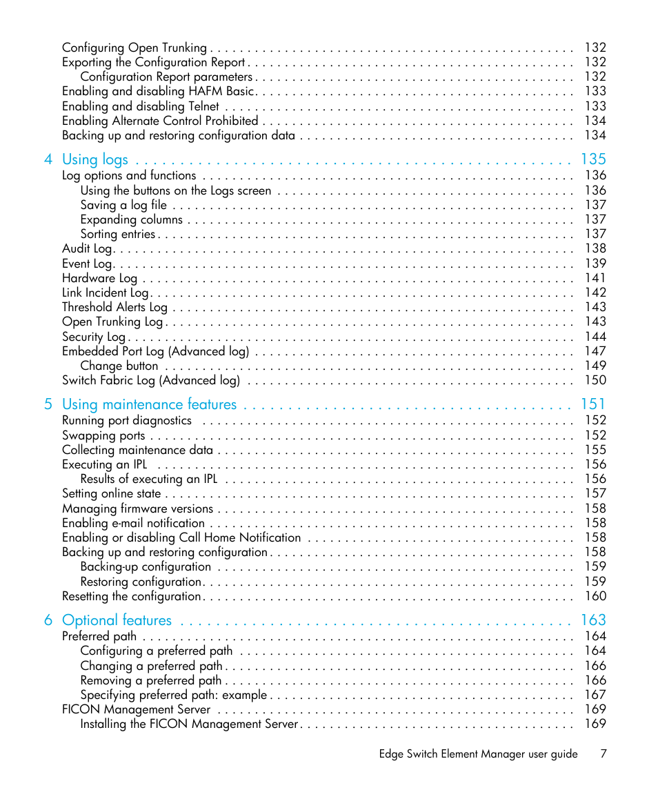 4 using logs, 5 using maintenance features, 6 optional features | HP StorageWorks 2.32 Edge Switch User Manual | Page 7 / 228