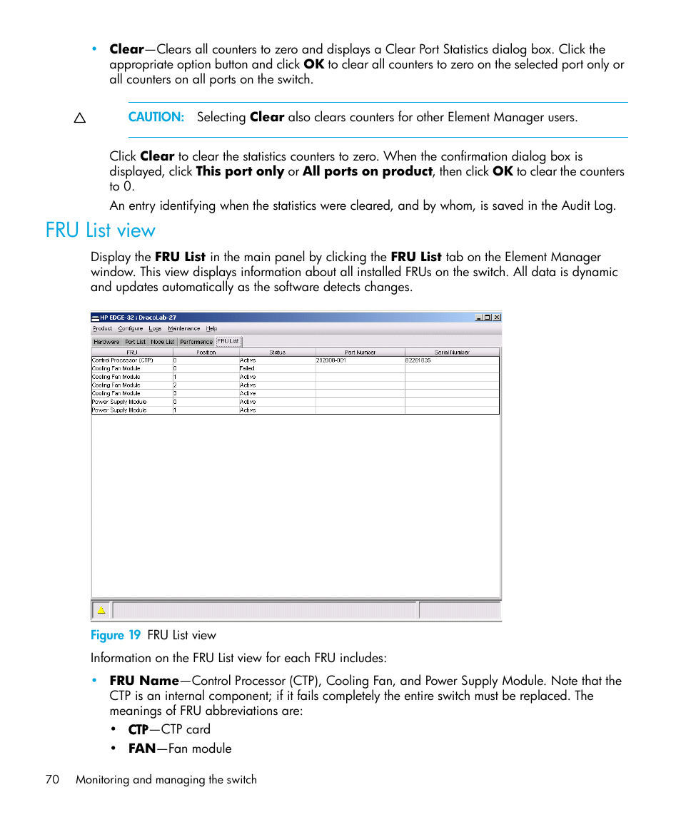 Fru list view, Figure 19 fru list view, 19 fru list view | HP StorageWorks 2.32 Edge Switch User Manual | Page 70 / 228