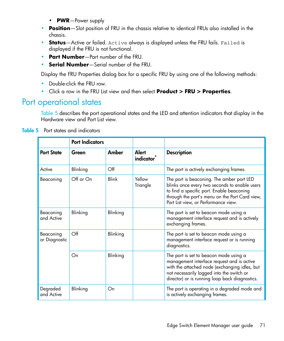 Port operational states, Table 5 port states and indicators, 5 port states and indicators | Table 5 | HP StorageWorks 2.32 Edge Switch User Manual | Page 71 / 228