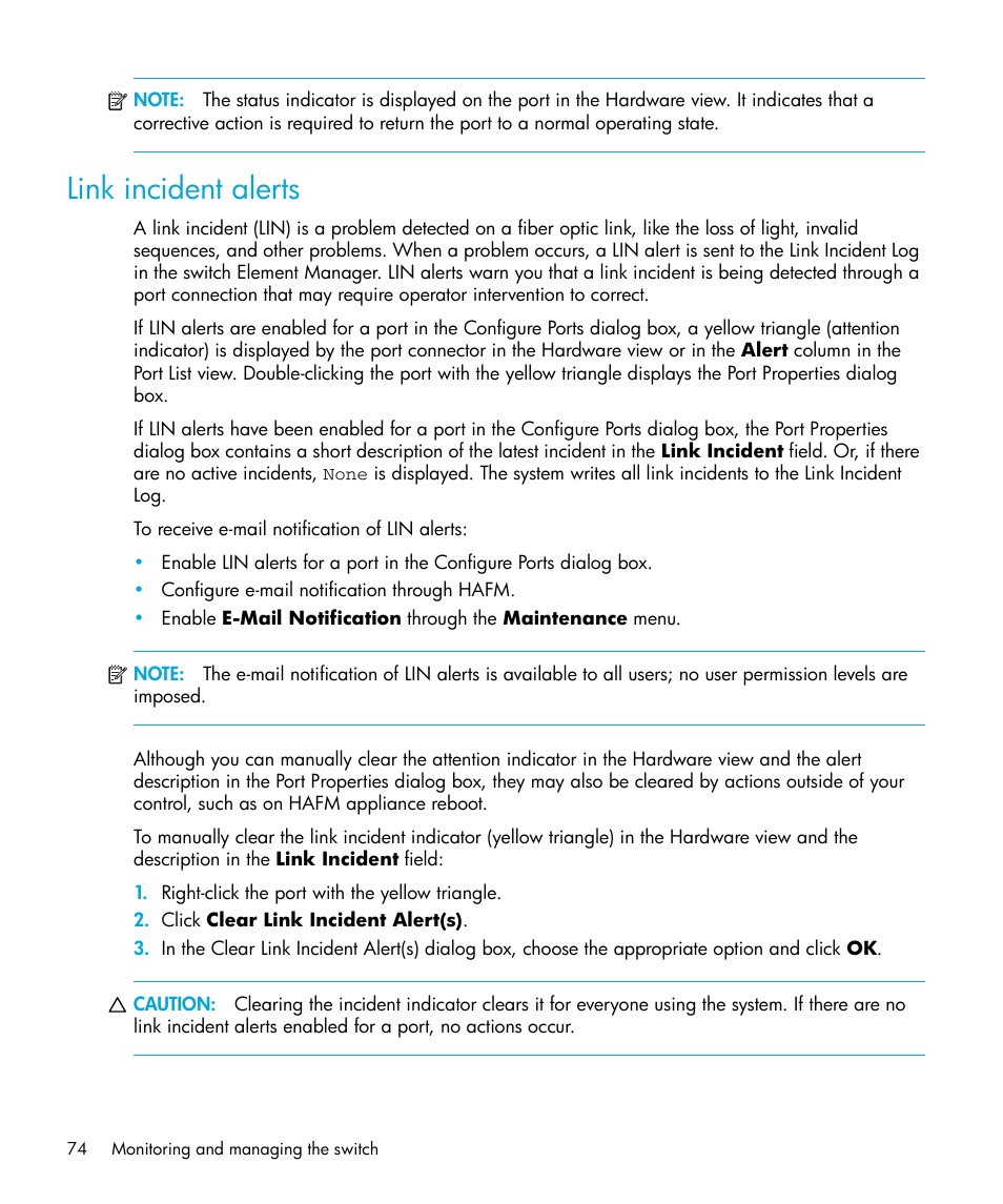 Link incident alerts | HP StorageWorks 2.32 Edge Switch User Manual | Page 74 / 228