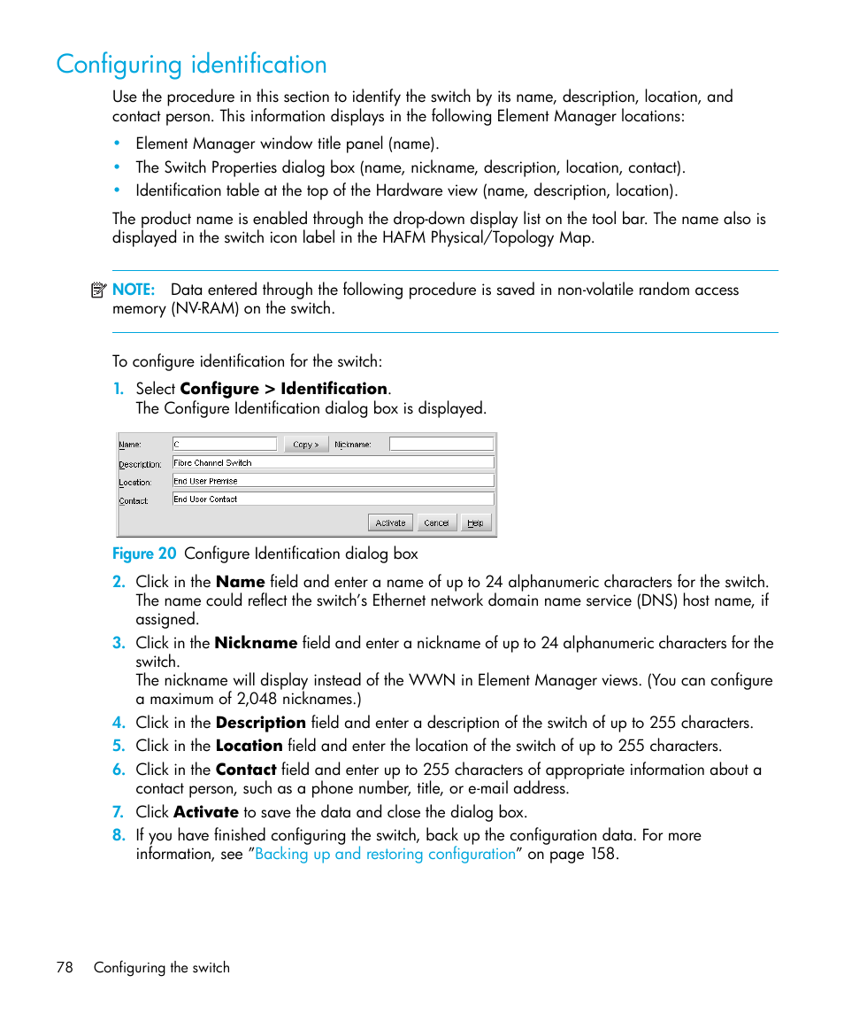 Configuring identification, Figure 20 configure identification dialog box, 20 configure identification dialog box | HP StorageWorks 2.32 Edge Switch User Manual | Page 78 / 228