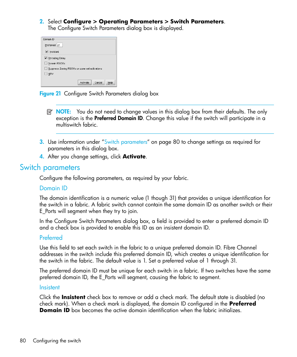 Figure 21 configure switch parameters dialog box, Switch parameters, Domain id | Preferred, Insistent, 21 configure switch parameters dialog box | HP StorageWorks 2.32 Edge Switch User Manual | Page 80 / 228