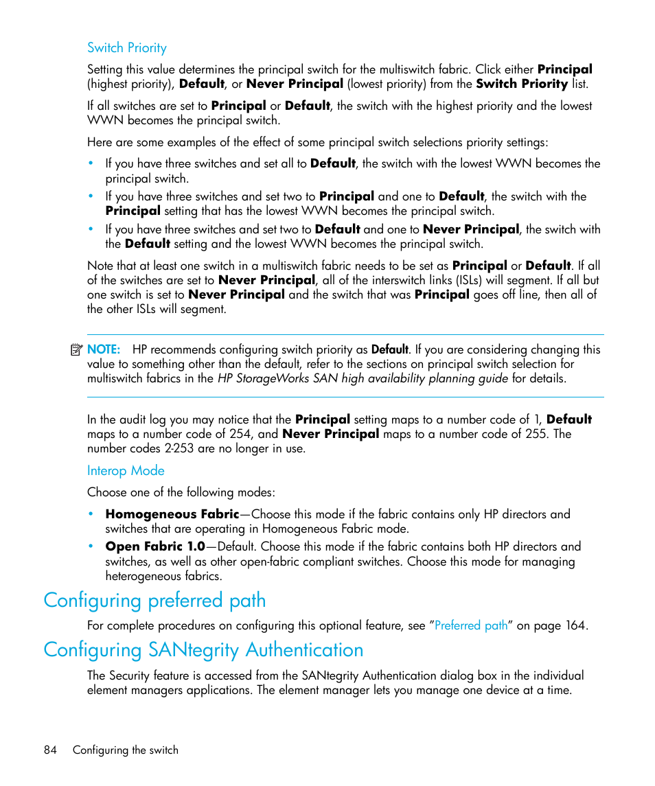 Switch priority, Interop mode, Configuring preferred path | Configuring santegrity authentication | HP StorageWorks 2.32 Edge Switch User Manual | Page 84 / 228