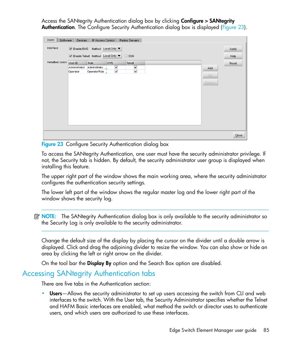 Accessing santegrity authentication tabs, 23 configure security authentication dialog box | HP StorageWorks 2.32 Edge Switch User Manual | Page 85 / 228