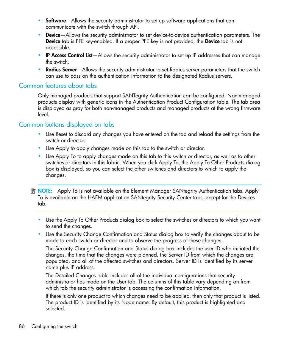 Common features about tabs, Common buttons displayed on tabs | HP StorageWorks 2.32 Edge Switch User Manual | Page 86 / 228