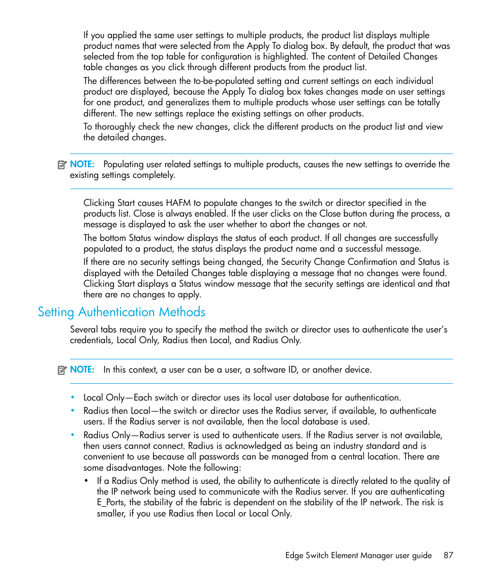 Setting authentication methods | HP StorageWorks 2.32 Edge Switch User Manual | Page 87 / 228