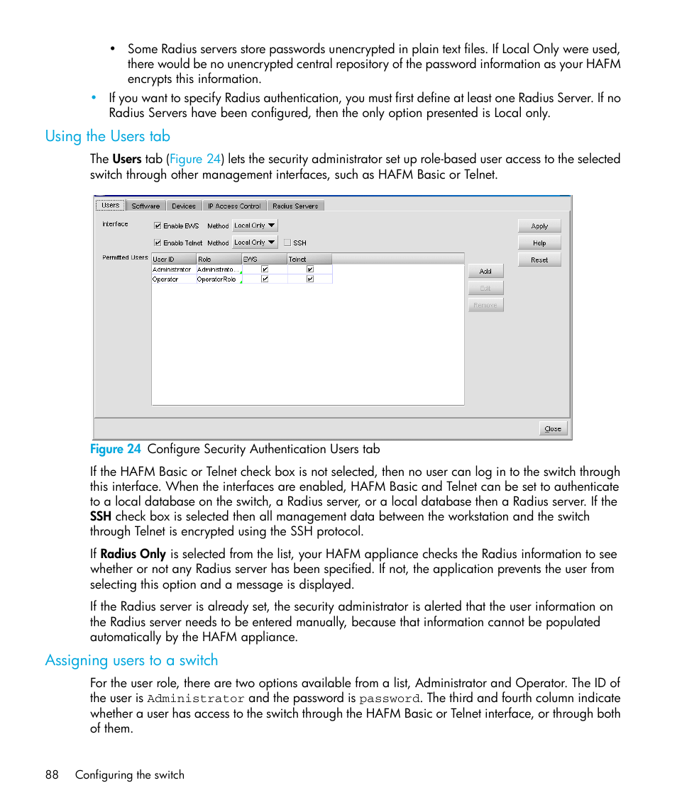 Using the users tab, Assigning users to a switch, 24 configure security authentication users tab | HP StorageWorks 2.32 Edge Switch User Manual | Page 88 / 228