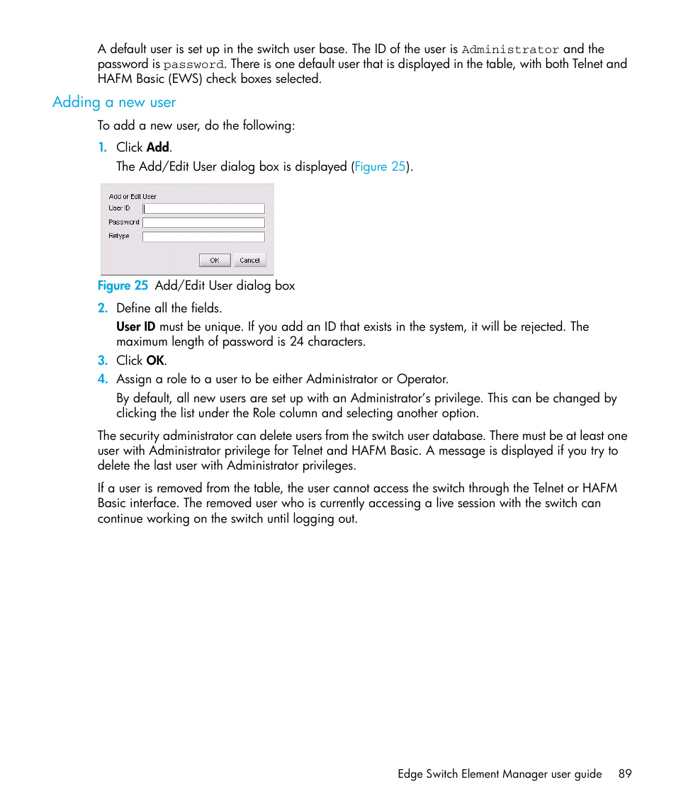 Adding a new user, Figure 25 add/edit user dialog box, 25 add/edit user dialog box | HP StorageWorks 2.32 Edge Switch User Manual | Page 89 / 228