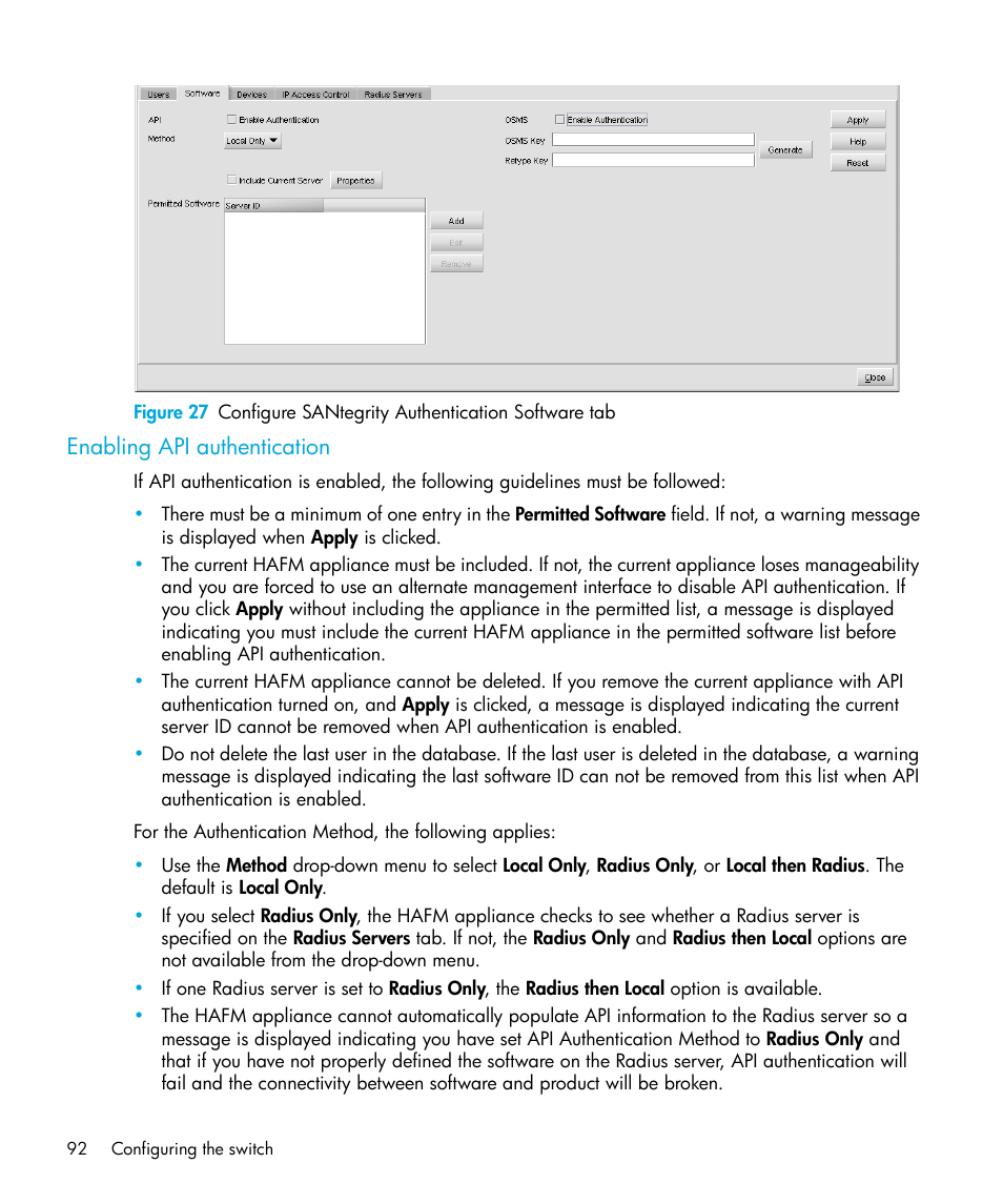 Enabling api authentication | HP StorageWorks 2.32 Edge Switch User Manual | Page 92 / 228