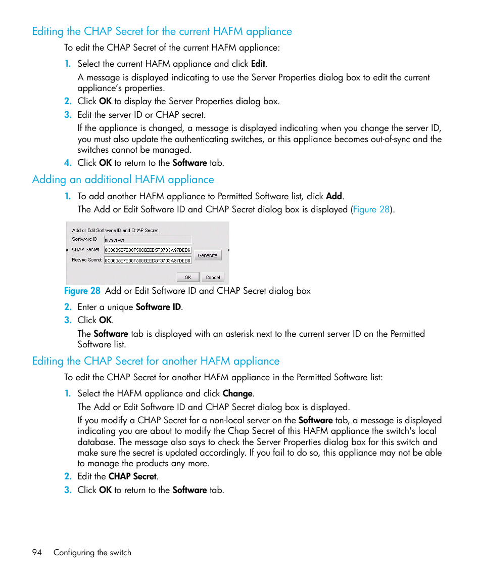 Adding an additional hafm appliance, Editing the chap secret for another hafm appliance | HP StorageWorks 2.32 Edge Switch User Manual | Page 94 / 228