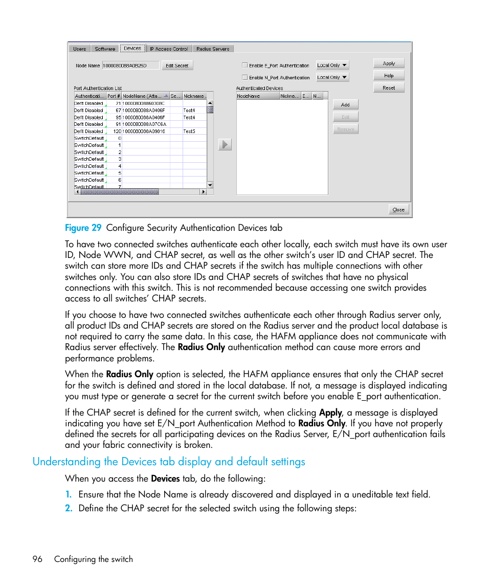 29 configure security authentication devices tab | HP StorageWorks 2.32 Edge Switch User Manual | Page 96 / 228