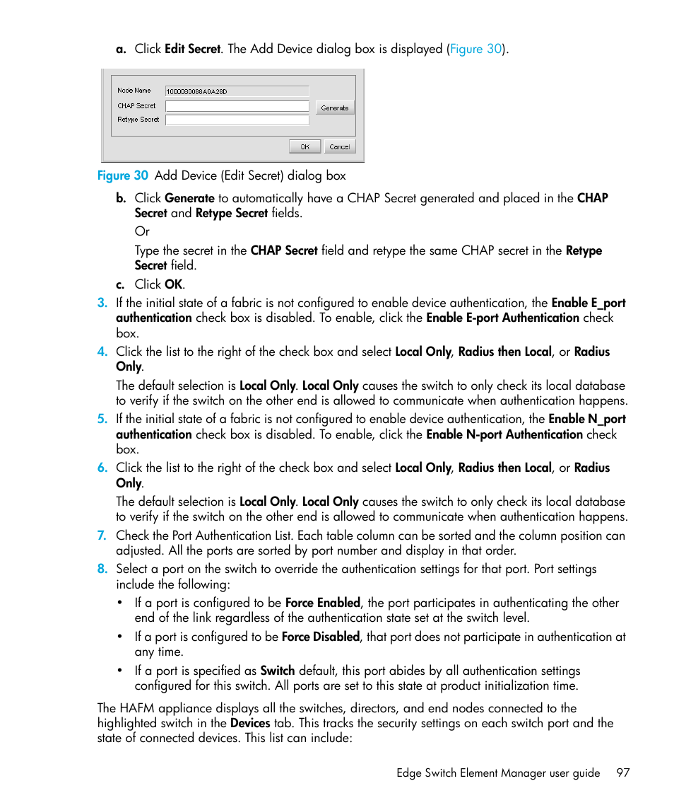 Figure 30 add device (edit secret) dialog box, 30 add device (edit secret) dialog box | HP StorageWorks 2.32 Edge Switch User Manual | Page 97 / 228