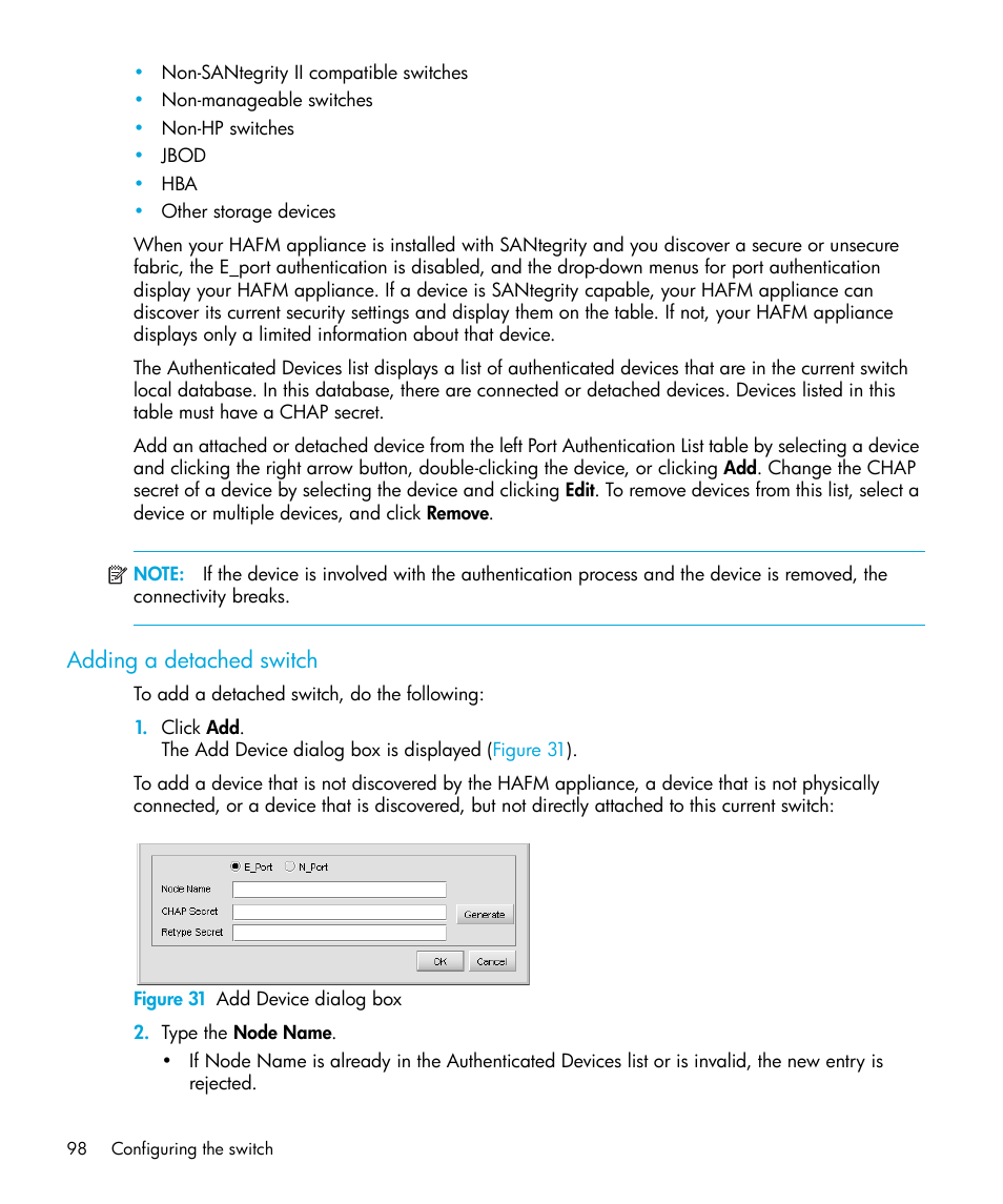 Adding a detached switch, Figure 31 add device dialog box, 31 add device dialog box | HP StorageWorks 2.32 Edge Switch User Manual | Page 98 / 228