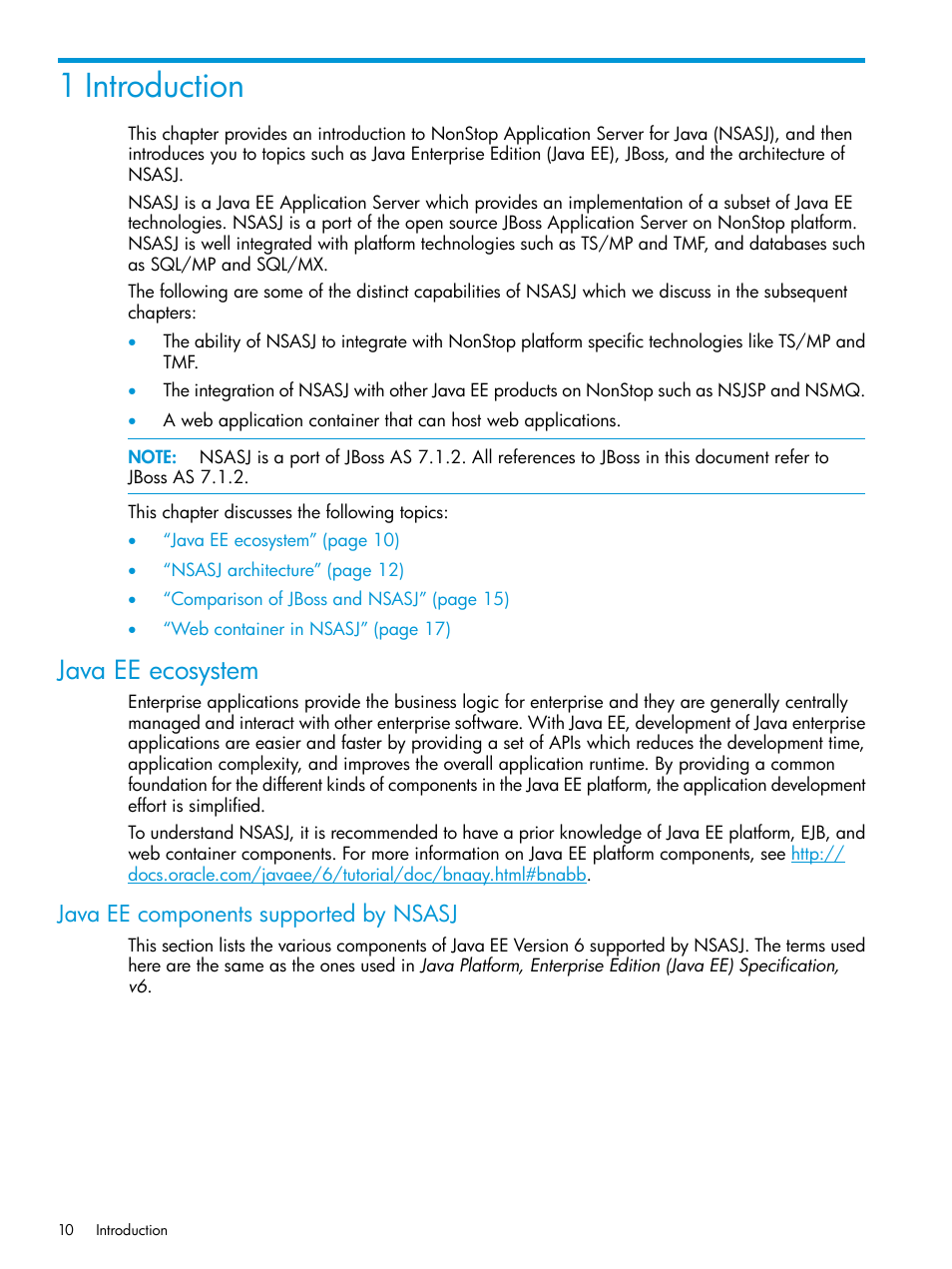 1 introduction, Java ee ecosystem, Java ee components supported by nsasj | HP Integrity NonStop H-Series User Manual | Page 10 / 115