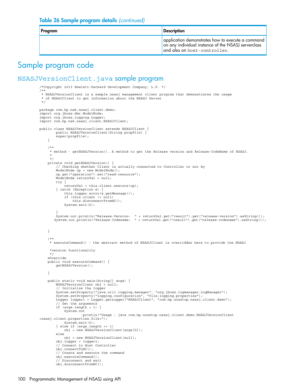 Sample program code, Nsasjversionclient.java sample program | HP Integrity NonStop H-Series User Manual | Page 100 / 115